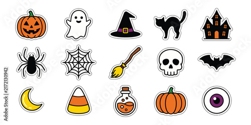 Cute Halloween Sticker Collection with Pumpkin, Ghost, Witch Hat, Black Cat and Spooky Icons