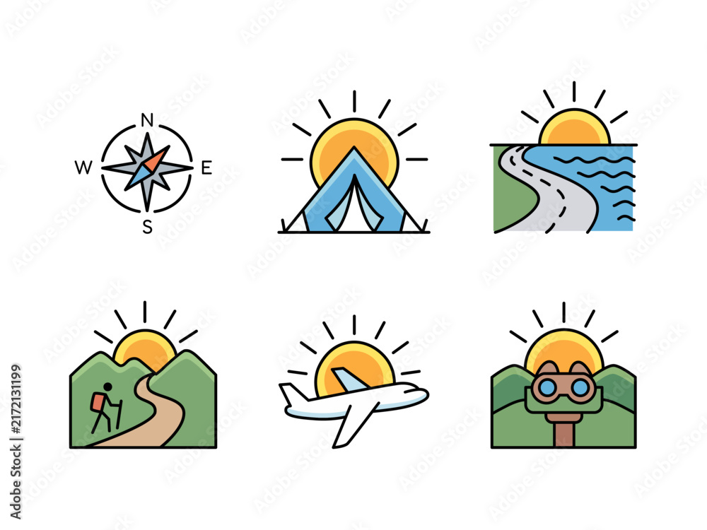 Fototapeta premium Flat Travel and Outdoor Adventure Icon Set with Nature Themes