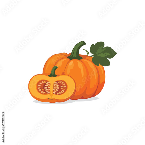 Orange Pumpkin and Cut Slice Showing Seeds Vector Illustration
