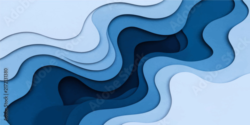 Abstract blue paper cut wave background with deep ocean layered diagonal dynamic curves