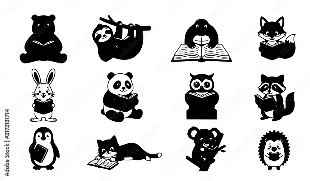Naklejka premium Funny Cute Animals Reading Books Cartoon Education Vector Set