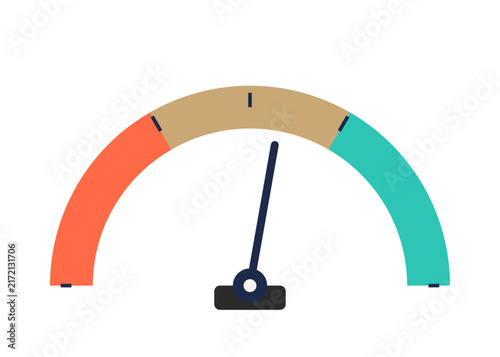 Stock level gauge meter with low medium high zones flat vector illustration