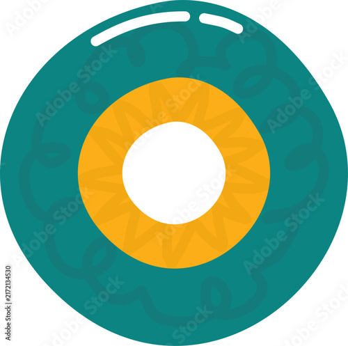 Teal and yellow abstract circular emblem with concentric rings and wavy lines representing a stylized eye iris or optic vision concept