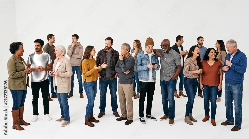 Obraz premium Diverse group of people of various ages and ethnicities standing together in a casual social gathering isolated on white background