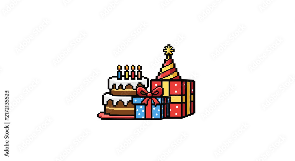 Fototapeta premium Colorful birthday cake and gifts.