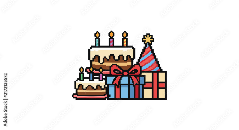 Naklejka premium Colorful birthday cake and gifts.