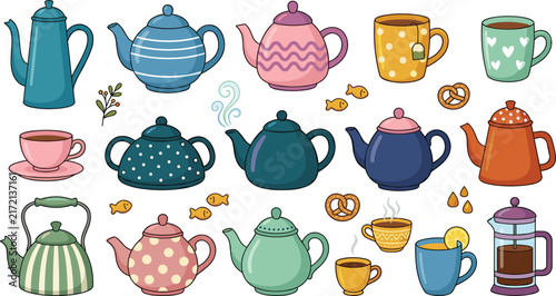 Teapot and Mug Vector Icon Set with Ceramic Teacups Coffee Pots French Press and Cookies for Cafe Menu Designs
