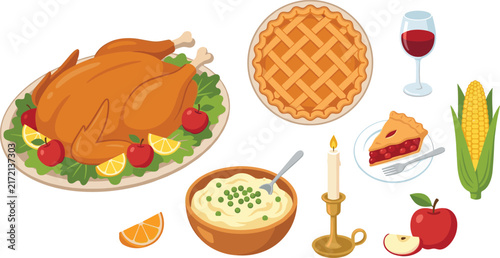 Thanksgiving Dinner Food Vector Illustration Set with Roasted Turkey Apple Pie Mashed Potatoes Corn and Wine Elements