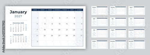 English calendar 2027 planner set printable 12 months vector design