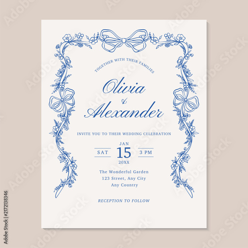Elegant Blue Hand Drawn Ribbon and Floral Frame Wedding Invitation Card Template