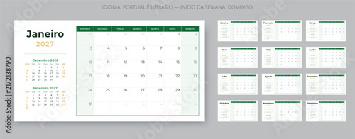 Portuguese calendar 2027 for Brazil calendario planner set printable 12 months vector design