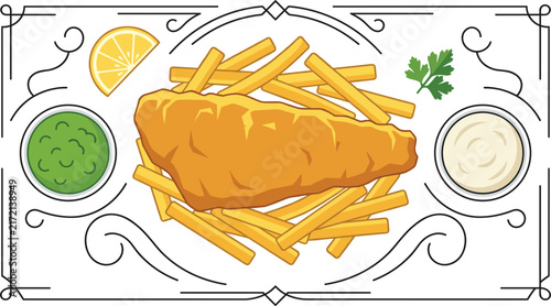 Traditional British Pub Fish and Chips Vector Banner Featuring Flat Line Illustration of Battered Cod, French Fries, Mushy Peas, Tartar Sauce, and Lemon