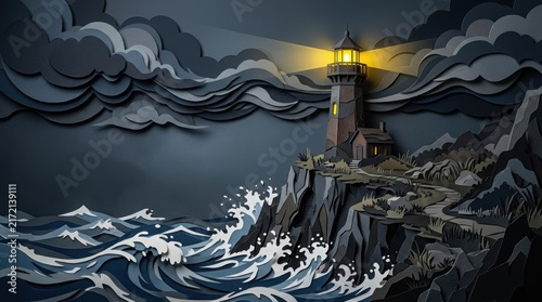 Lighthouse shining bright on stormy cliff paper cut illustration 3D render