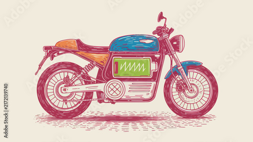 Canvas Print Vintage electric motorcycle vector illustration, retro cafe racer with battery e