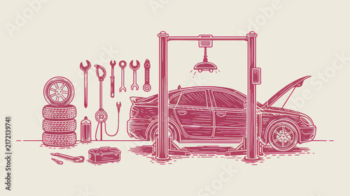 Vintage car repair shop illustration, retro automotive garage with vehicle lift and tools, pink line art auto service scene