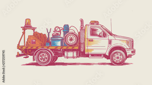 Vintage utility truck vector illustration, retro service vehicle with maintenance equipment, industrial flatbed work truck