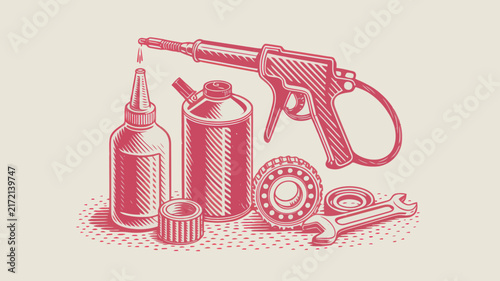 Vintage industrial tool set with oil can and grease gun. Retro mechanical repair equipment vector. Red line art garage tools.