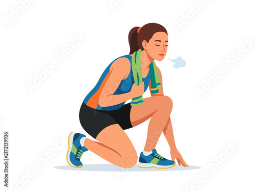 Female Athlete Kneels With Towel Exhausted After Intense Workout Session