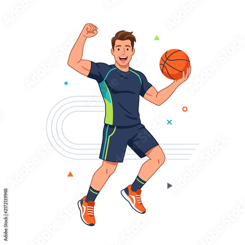 Excited Basketball Player Celebrating Victory With Ball In Hand Energetic Athlete
