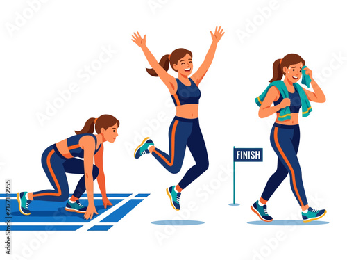 Female Athlete Progress From Start To Finish Line Celebration And Recovery