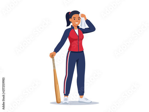 Female Athlete With Baseball Bat Wiping Sweat After Workout