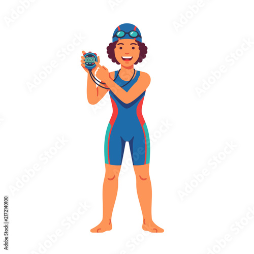 Female Swim Coach With Stopwatch Ready To Time Swimmers