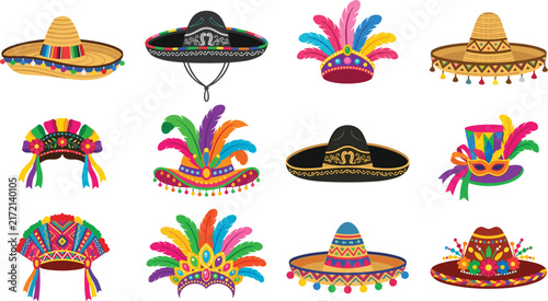 Traditional Mexican Sombrero and Carnival Headdress Vector Icon Set Featuring Festive Hats, Mariachi Headwear, and Colorful Feather Crowns for Cinco de Mayo Celebration Designs
