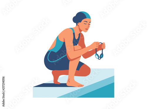 Female Swimmer Prepares For Race Holding Goggles Ready