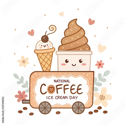 National Coffee Ice Cream Day with Coffee Ice Cream Sundae and Floral Elements