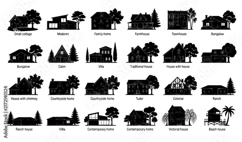 Black silhouette houses and trees residential home vector collection