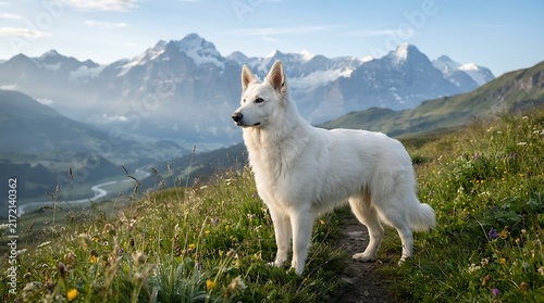 white dog in the mountains