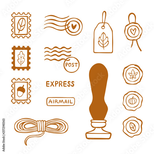 Hand-drawn line art vector collection of mail and postal elements with autumn symbols. Outline clip art set for web design, stickers, logos. Metal stamp, postage stamps, wax seal stamps, label, twine.