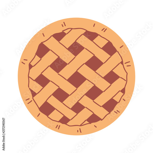 Flat vector illustration of a braided lattice pumpkin pie isolated on a white background, view from top. Minimalist vector clip art for bakery menu, pastry card, autumn poster, or packaging design.