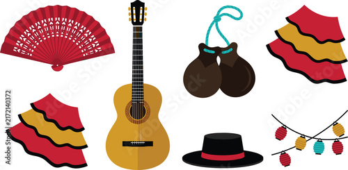 Traditional Spanish Flamenco Culture Vector Element Set with Acoustic Guitar Red Folding Fan Wooden Castanets Ruffled Skirts Hat and Festive Lantern Garlands