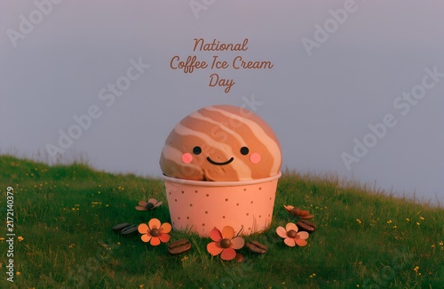 National Coffee Ice Cream Day with Coffee Ice Cream Sundae and Floral Elements