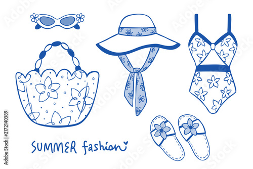 Hand-drawn vector summer clothes set. Line art elements of a sunglasses, wide brim hat, elegant two-piece swimsuit, flip-flops, beach bag with floral pattern. Fashion design for web banner, or print.