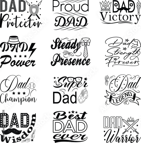 Set of twelve hand drawn typography dad quotes and badges