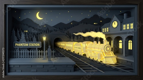 Phantom Station 3D paper cut render train emerging from tunnel at night