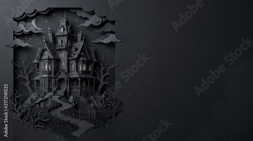 Haunted Victorian mansion paper cut art 3D render dark Halloween theme