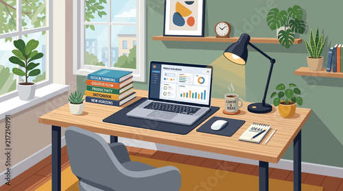 Modern workspace interior features a laptop displaying charts and graphs on a wooden desk.