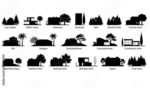 Residential house and tree silhouette vector set for real estate and home design