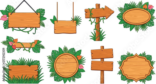 Tropical Wooden Sign Vector Set with Jungle Leaves Vines Blank Boards Arrow Direction and Forest Banner Icons