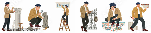 Obraz na plátně Illustrations of an archaeologist or conservator engaged in the restoration and examination of various historical artifacts, mosaics, and architectural elements