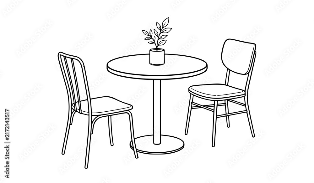 Fototapeta premium Small Round Bistro Table Two Chairs and Leafy Plant Minimal Vector Outline