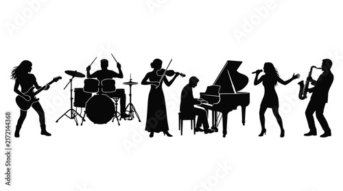 Performers silhouettes lined up playing different musical instruments.