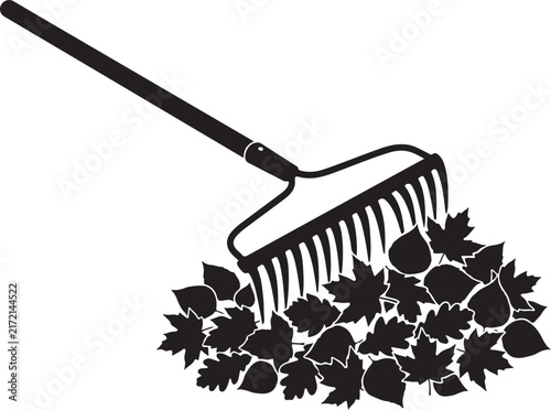 Garden rake silhouette with autumn leaves, black garden tool vector icon, seasonal yard work and landscaping maintenance graphic