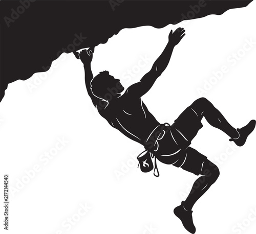 Rock climber silhouette vector, male athlete bouldering on mountain cliff, extreme sports rock climbing icon on white background