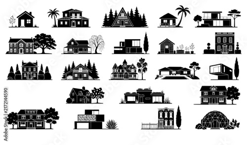 Home landscape houses and trees black silhouette vector illustration collection