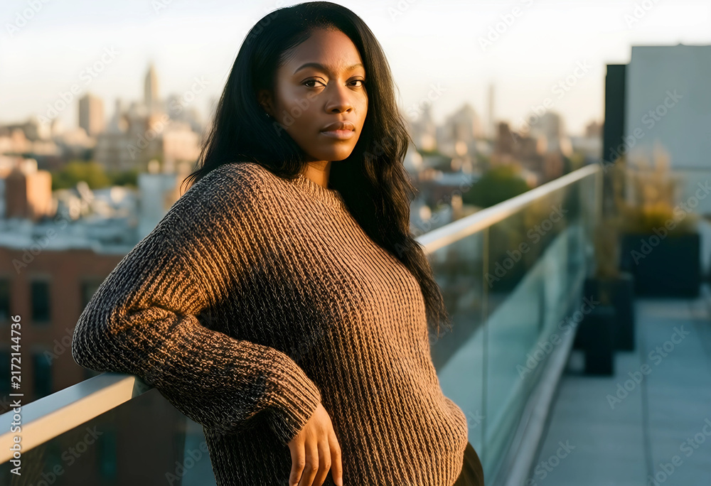 Obraz premium Urban lifestyle and mental health, young woman standing on a city balcony at sunset reflecting on life with a thoughtful expression and calm mood