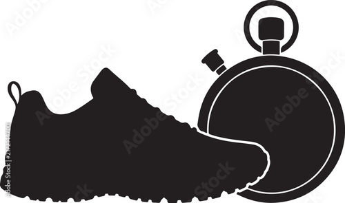 Running shoe and stopwatch silhouette vector, fitness tracking icon, athletic sneaker with timer for sports performance and marathon training